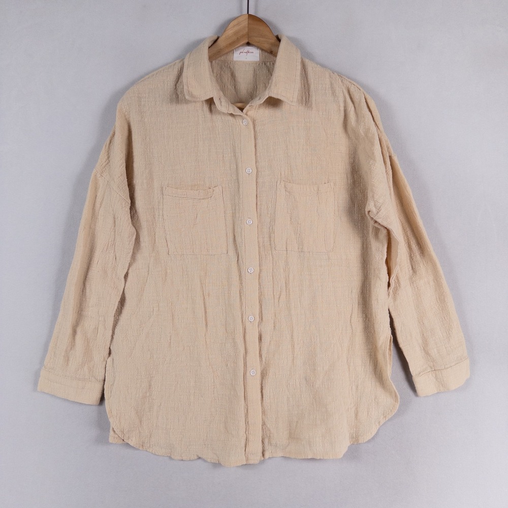 Girl and the Sun Shirt Womens Small Beige Button Up Cotton Gauze Coastal Boho *